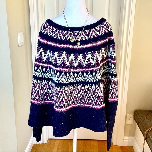 Anthropologie Sweater Poncho Sleeping on Snow Blue Fair Isle Wool Blend XS/S - Picture 1 of 9